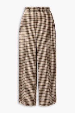 Crystal-embellished checked wool and cotton-blend wide-leg pants