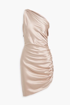 One-shoulder ruched silk-satin midi dress