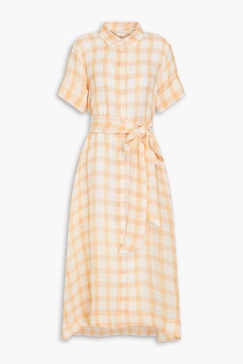 Belted checked linen-blend gauze midi shirt dress