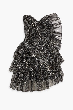 Strapless ruffled sequined tulle mini dress