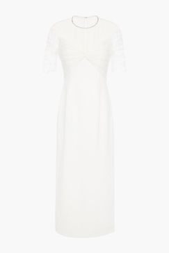 Crystal-embellished tulle-paneled crepe midi dress