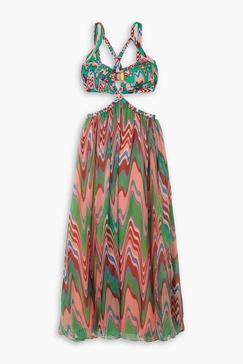 Wave cutout printed jersey and chiffon maxi dress