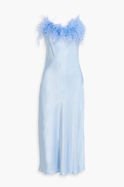 Feather-embellished satin midi slip dress