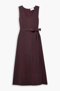 Belted lace-trimmed crepe midi dress