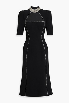 Crystal-embellished tulle-trimmed crepe midi dress