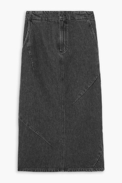 Paneled denim midi skirt