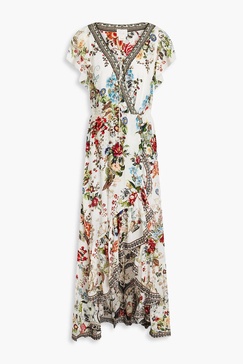 Embellished floral-print silk crepe de chine maxi wrap dress