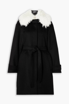 Belted faux shearling-trimmed wool coat