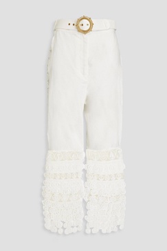 Cropped guipure lace and linen straight-leg pants