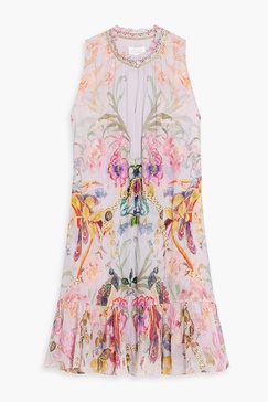 Crystal-embellished printed silk-georgette mini dress