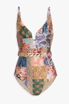 Devi chain-embellished belted paisley-print swimsuit