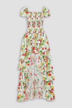 Malta shirred tiered floral-print cotton-voile gown