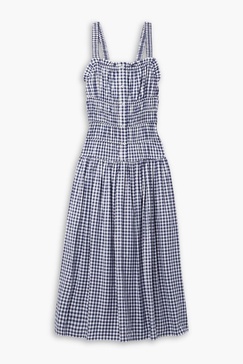 Ruched gingham cotton-twill midi dress