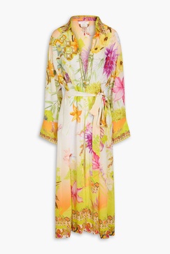 Crystal-embellished floral-print silk crepe de chine robe