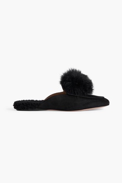 Foxy pompom-embellished shearling-lined suede slippers