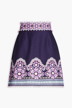 Embellished printed cotton and silk-blend twill mini skirt