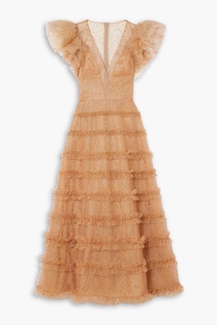 Nixie tiered glittered tulle midi dress