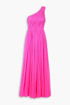 One-shoulder plissé silk-chiffon gown