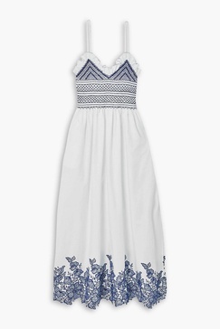 Bianca smocked embroidered cotton midi dress