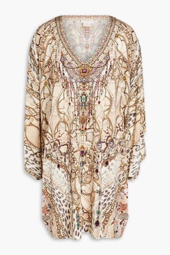 Crystal-embellished printed jersey mini dress