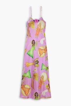 Embellished printed silk-satin midi slip dress