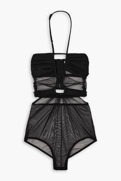 Cutout gathered stretch-tulle and jersey halterneck bodysuit