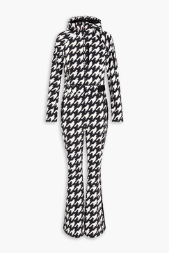 Belted houndstooth hooded ski suit