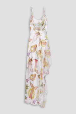 Asymmetric draped printed silk-satin maxi slip dress