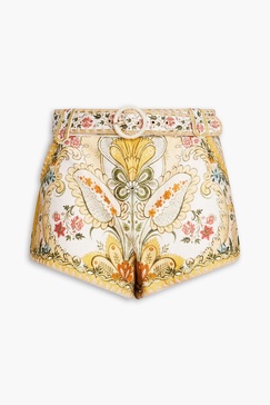 Belted floral-print linen shorts