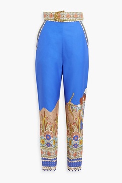 Belted printed cotton and silk-blend twill tapered pants