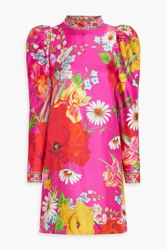 Cutout crystal-embellished floral-print silk-twill mini dress