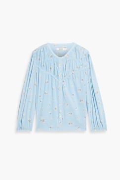 Shirred gathered floral-print cotton blouse