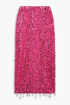 Gisele fringed embellished stretch-jersey midi skirt