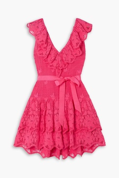 Coco belted ruffled crocheted cotton mini dress