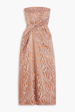 Raina strapless metallic zebra-print satin-jacquard midi dress