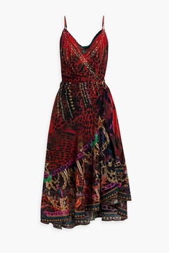 Asymmetric printed silk-chiffon midi wrap dress