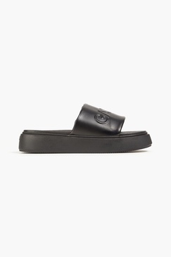 Embossed faux leather platform slides