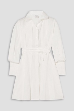 Belted pleated cotton-poplin mini shirt dress