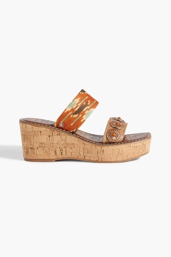 Abril embellished printed canvas and faux raffia wedge mules