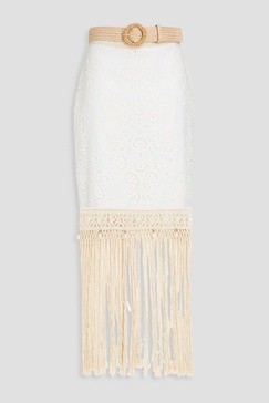 Belted fringed broderie anglaise cotton maxi skirt