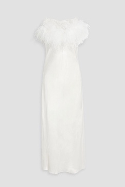 Boheme feather-trimmed satin midi slip dress