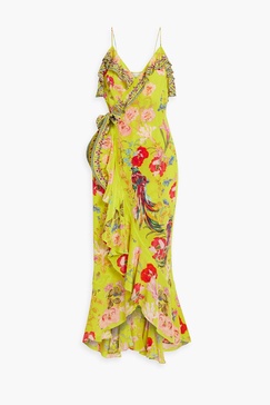 Crystal-embellished ruffled printed silk crepe de chine maxi wrap dress