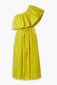 One-shoulder ruffled belted silk-taffeta midi dress