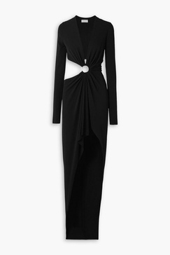 Asymmetric embellished cutout stretch-crepe gown