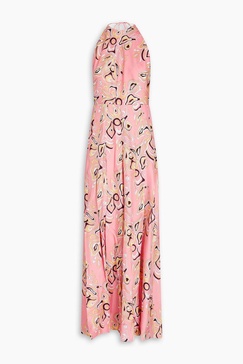 Printed silk-twill halterneck wide-leg jumpsuit