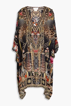 Embellished printed silk crepe de chine kaftan