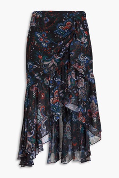 Asymmetric paisley-print silk-georgette midi skirt