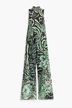 Embellished printed silk crepe de chine wide-leg jumpsuit