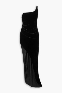 One-shoulder asymmetric stretch-velvet gown