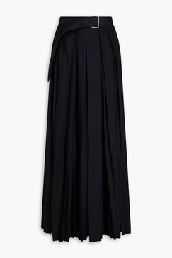 Belted pleated sateen maxi skirt